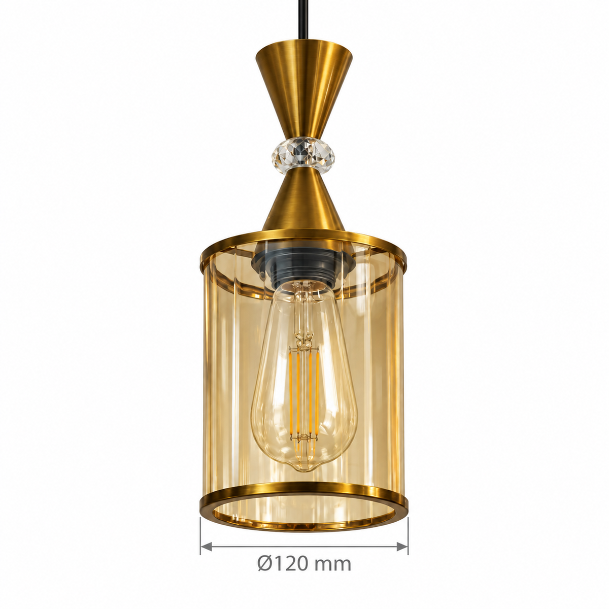 Veloria Amber Glass Hourglass Pendant – confirmed dimensions in millimetres