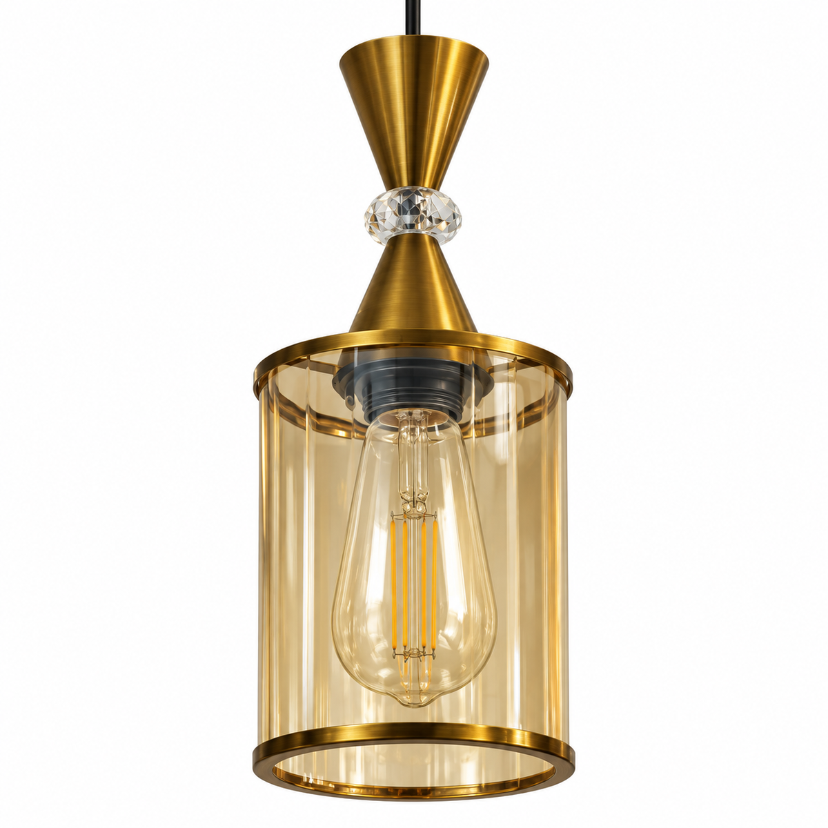 Veloria Amber Glass Hourglass Pendant – studio view on white