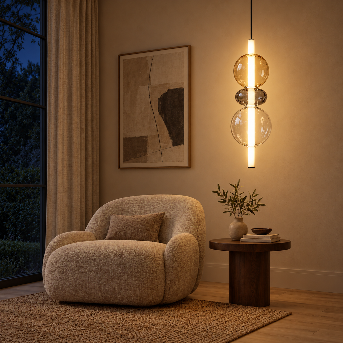 Vetro Amber & Clear Glass Totem Pendant Light, evening interior, light on