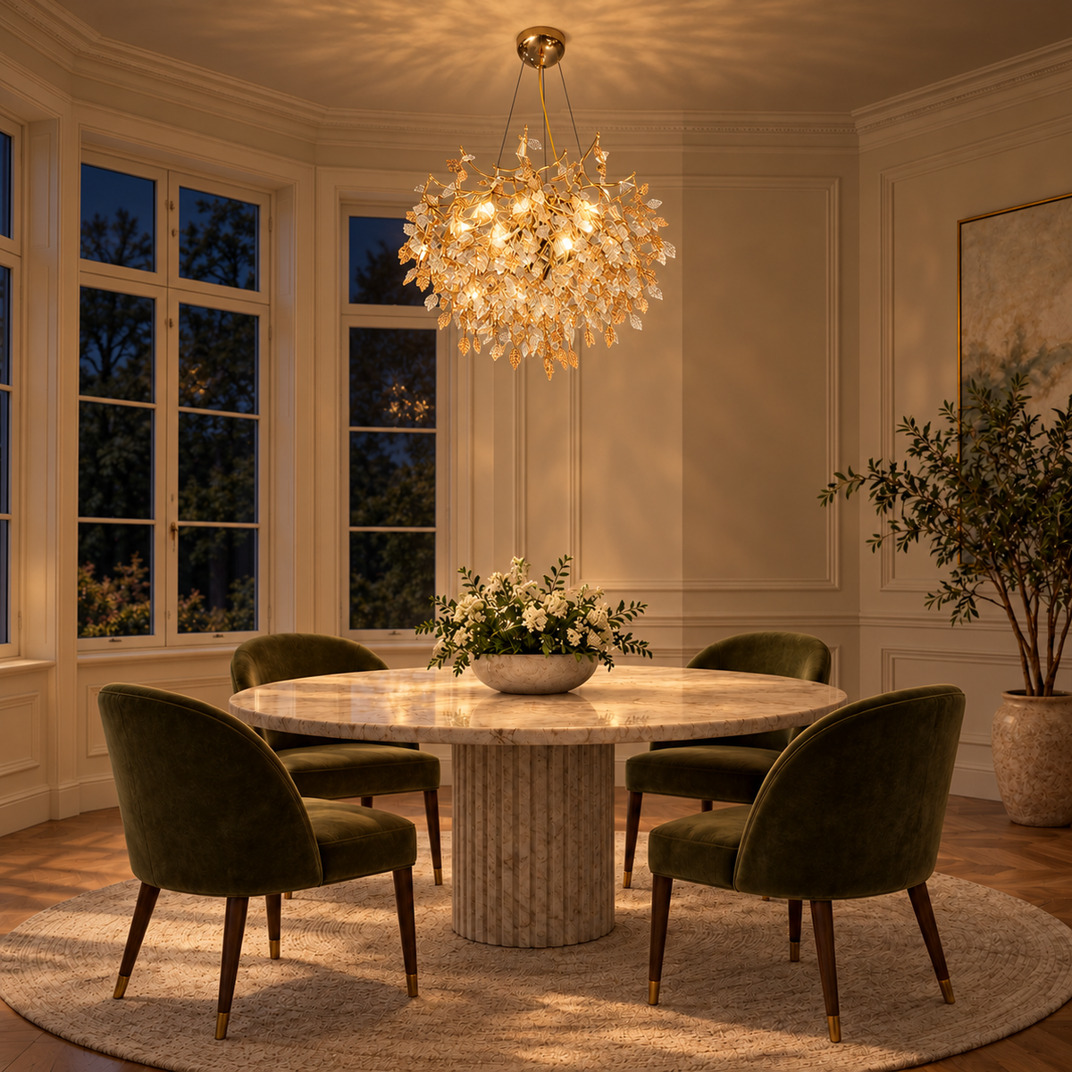 Virelle Crystal Leaf Branch Chandelier – evening interior, light on