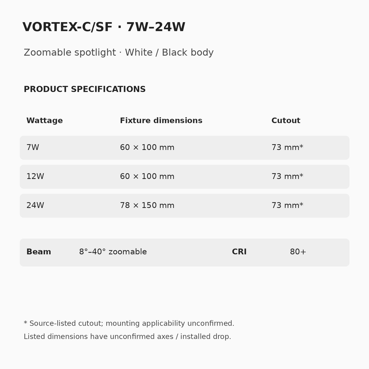 VORTEX-C/SF 7W and 12W listed 60 × 100 mm; 24W listed 78 × 150 mm; source cutout 73 mm has unconfirmed mounting applicability; 8°–40° zoomable beam and CRI 80+.