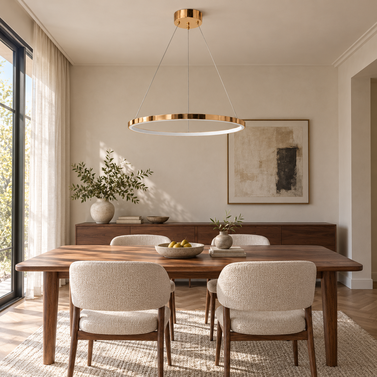 Warm Metallic Halo Pendant, unlit in a daytime interior