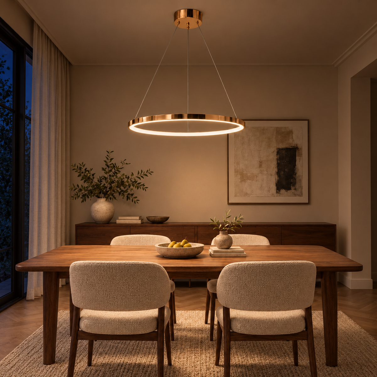 Warm Metallic Halo Pendant, illuminated in a nighttime interior