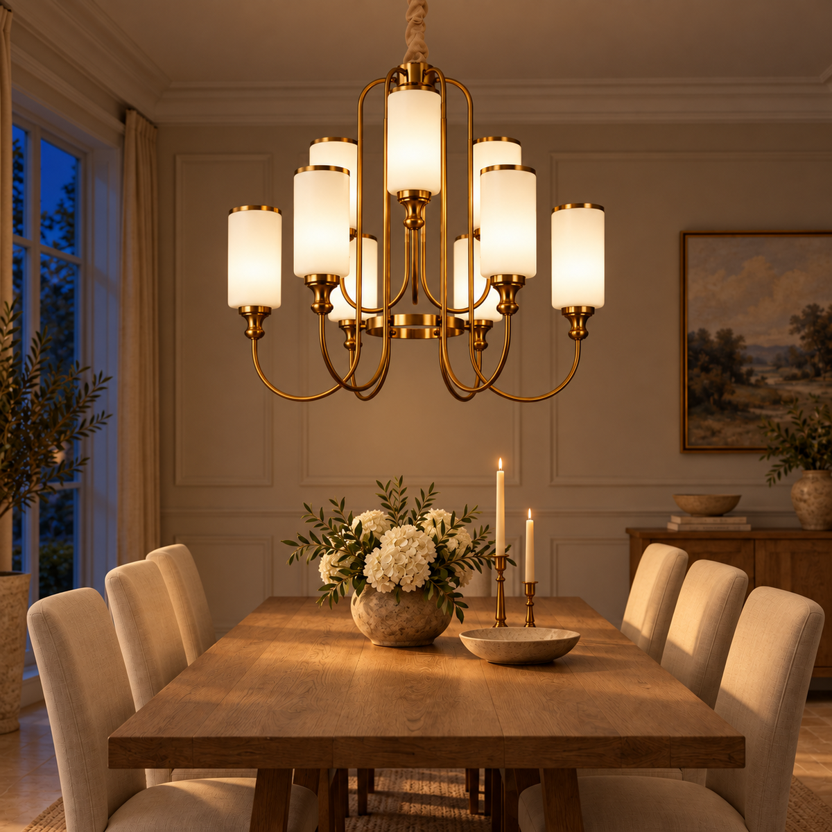White glass brass chandelier in a warm dining room at night