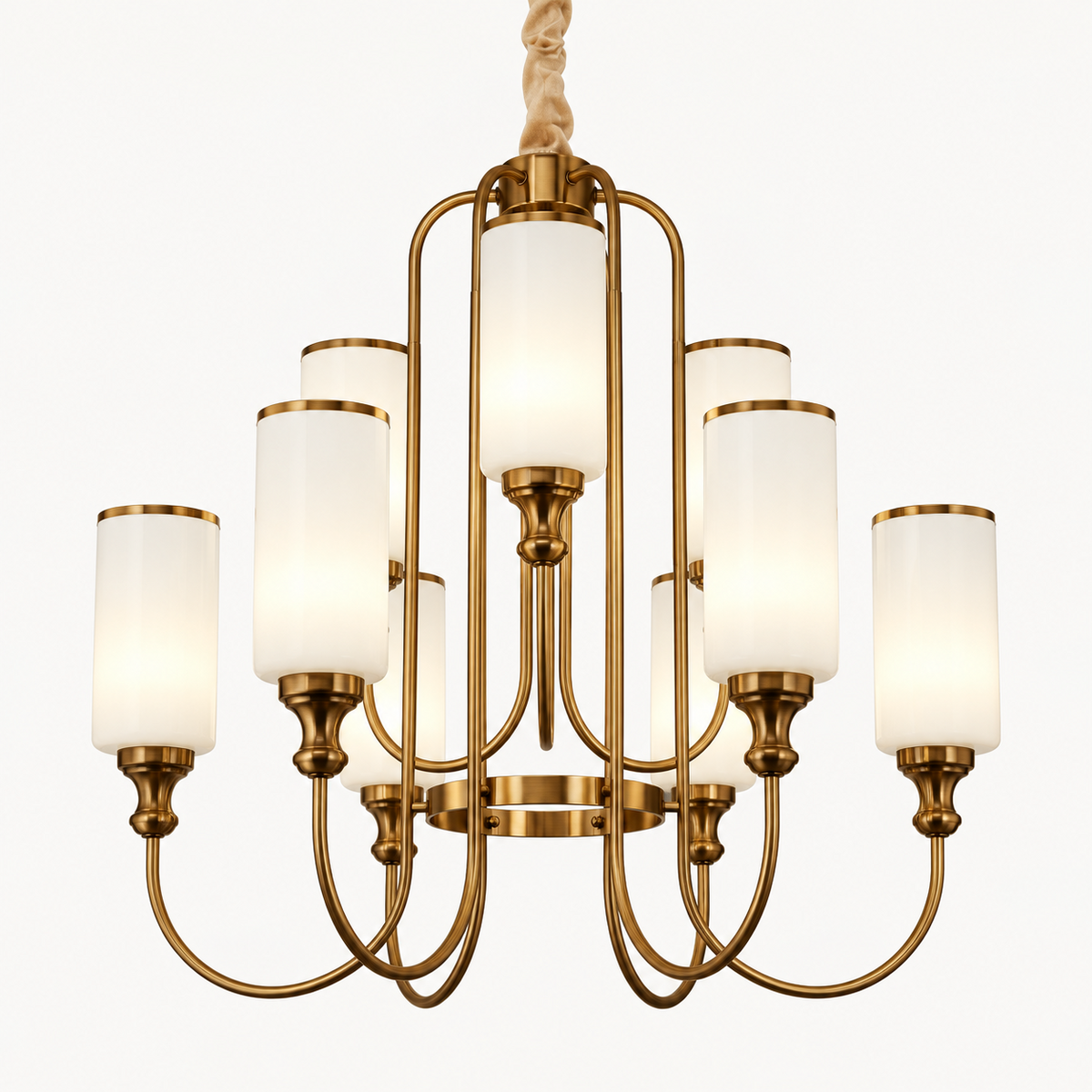 White glass brass chandelier on a clean white background