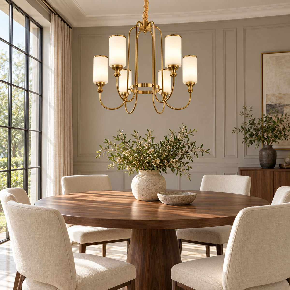White glass GAB 6-light chandelier in a bright dining room