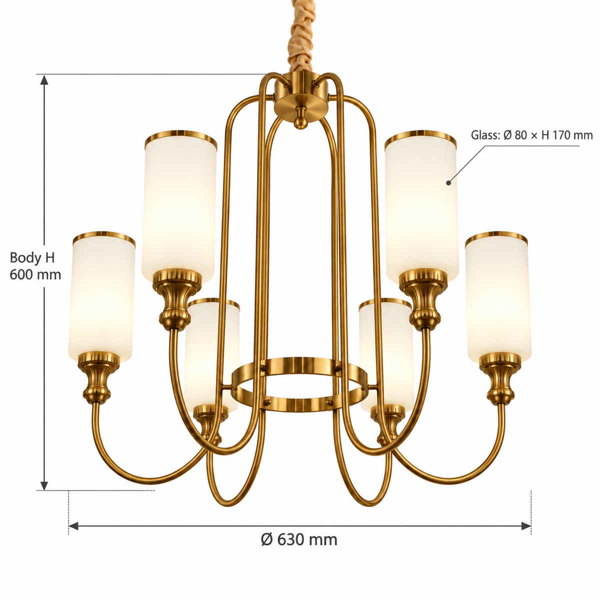 White glass GAB 6-light chandelier dimensions, Ø630 mm body H600 mm and glass Ø80 × H170 mm