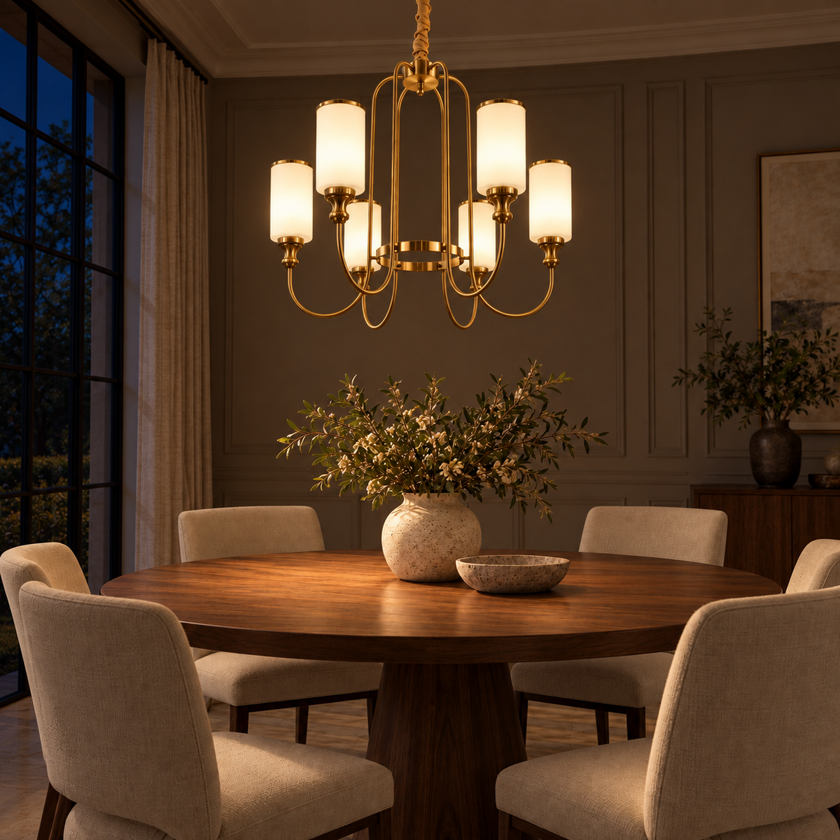 White glass GAB 6-light chandelier in a warm dining room at night