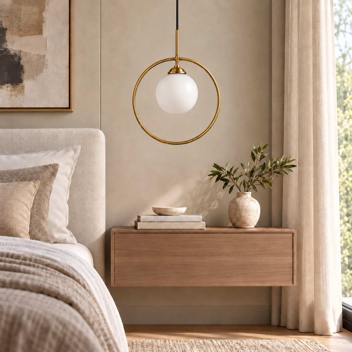 White Glass Globe & Brass-Tone Ring Pendant, unlit in a daytime interior