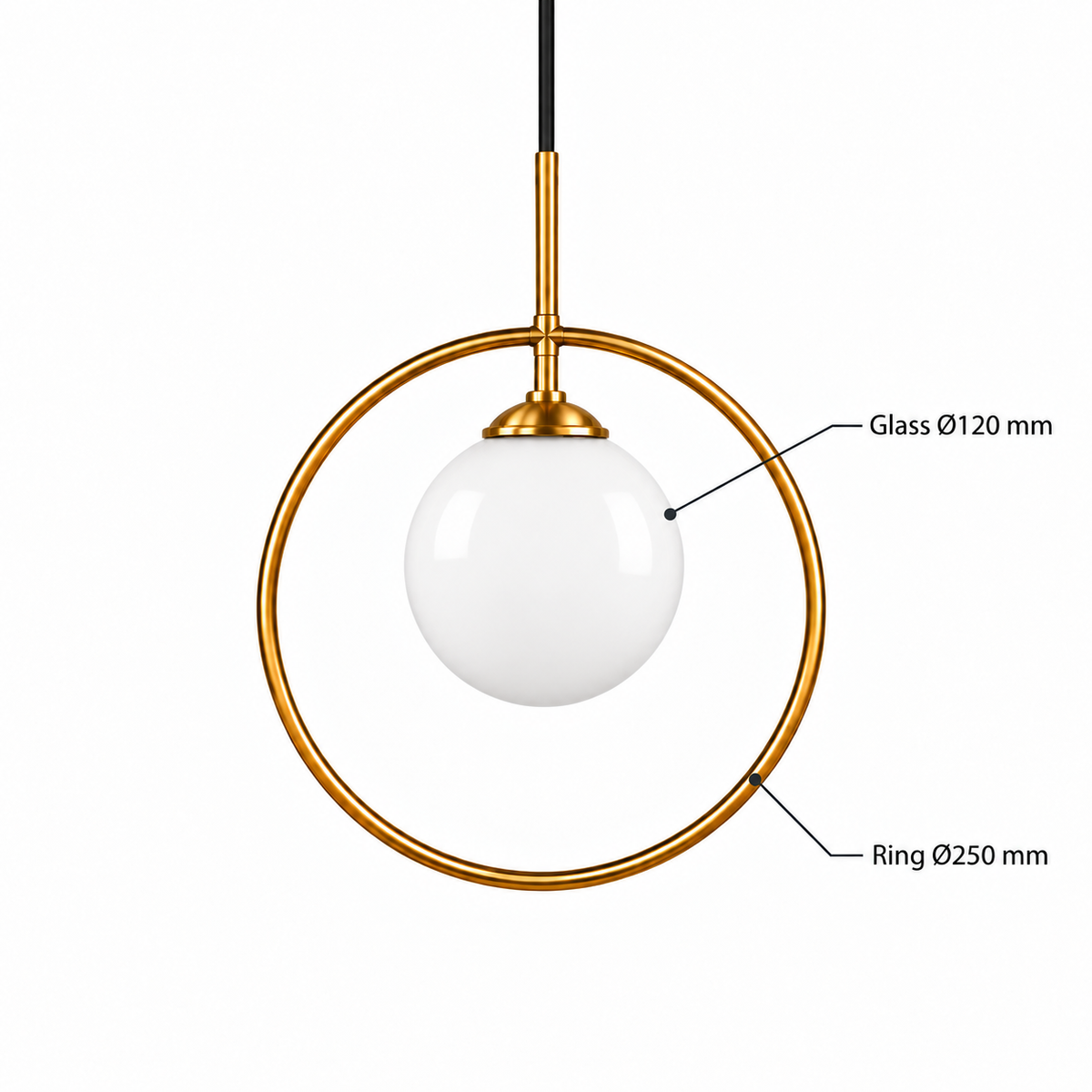 White Glass Globe & Brass-Tone Ring Pendant, dimension diagram; Ring outside diameter: 250 mm. Glass globe diameter: 120 mm. Overall height and suspension drop are not specified.