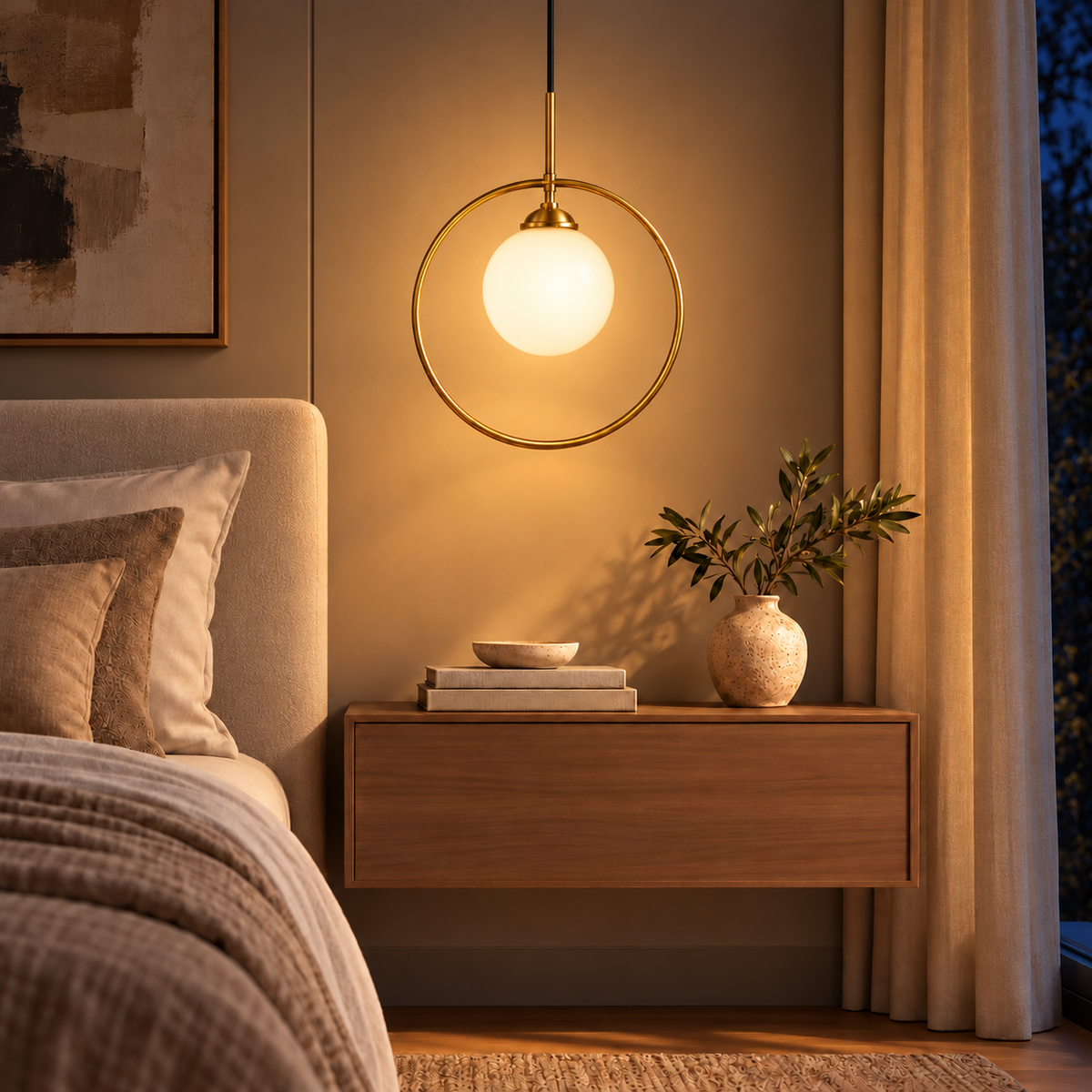 White Glass Globe & Brass-Tone Ring Pendant, illuminated in a nighttime interior
