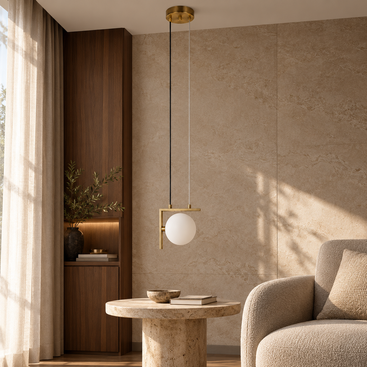 White Glass Globe & Iron Frame Pendant, unlit in a daytime interior
