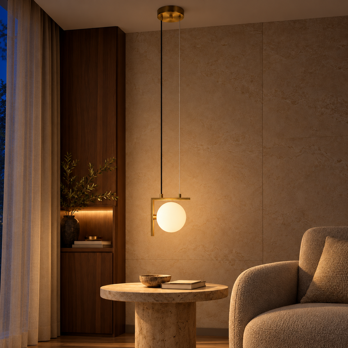 White Glass Globe & Iron Frame Pendant, illuminated in a nighttime interior