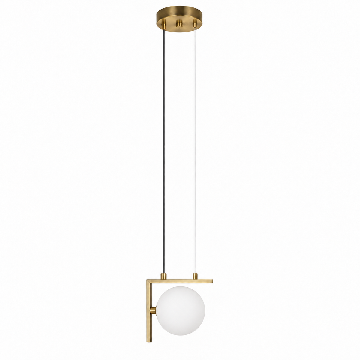 White Glass Globe & Iron Frame Pendant, unlit studio view