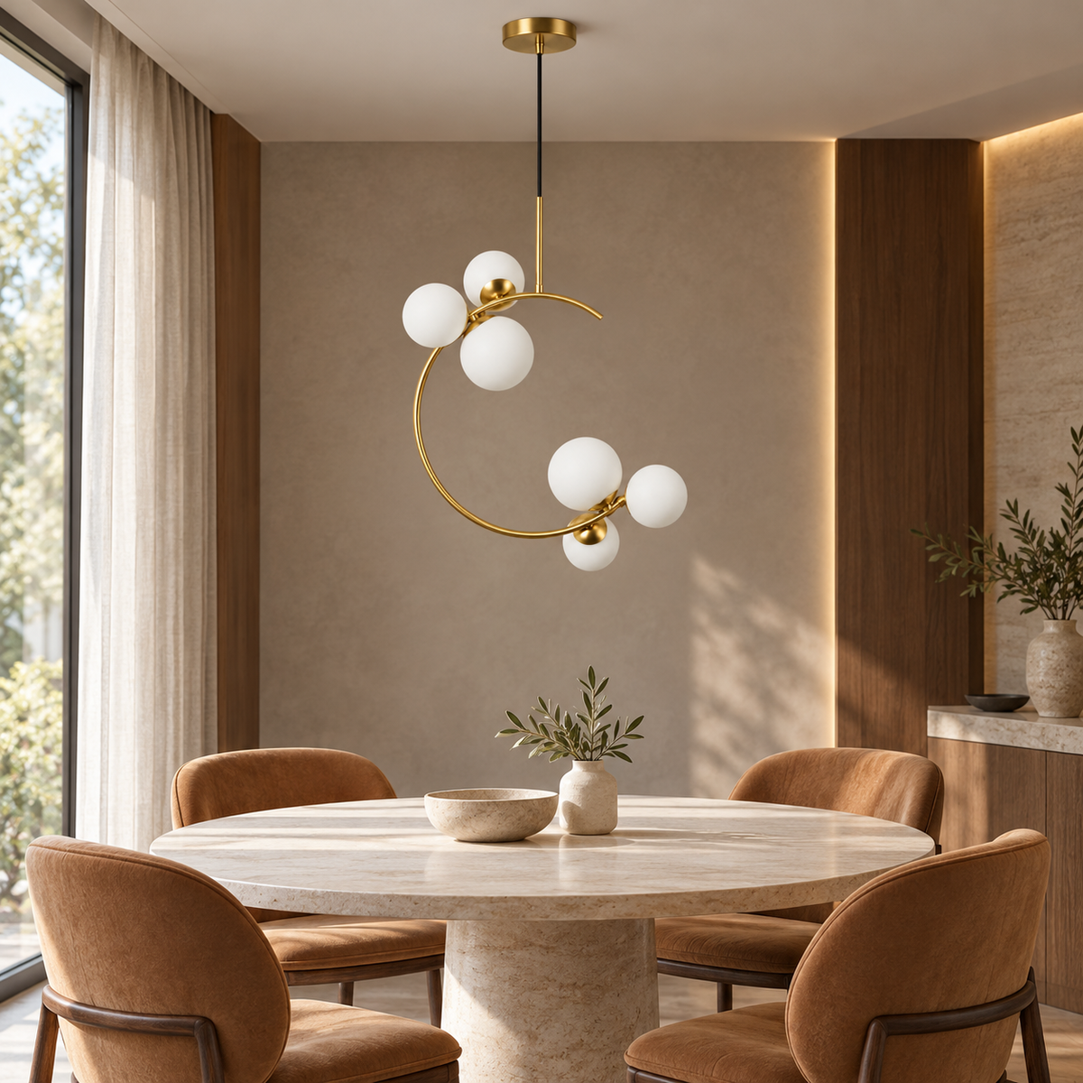 White Glass Six-Globe Open-Hoop Chandelier, unlit in a daytime interior