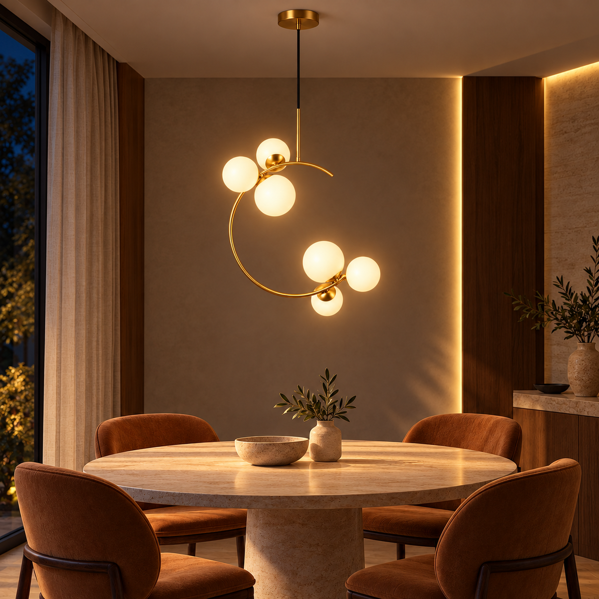 White Glass Six-Globe Open-Hoop Chandelier, illuminated in a nighttime interior