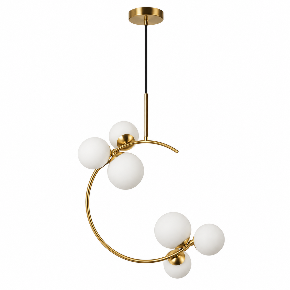 White Glass Six-Globe Open-Hoop Chandelier, unlit studio view