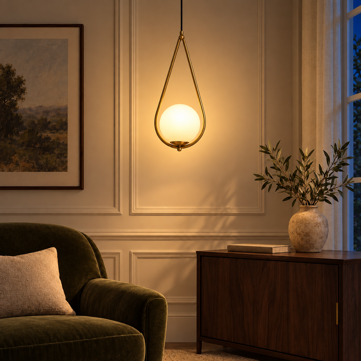 White Glass Teardrop Frame Pendant, illuminated in a nighttime interior