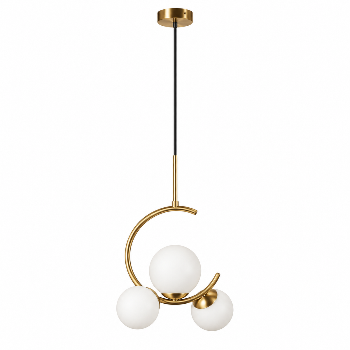 White Glass Three-Globe Open-Hoop Pendant, unlit studio view
