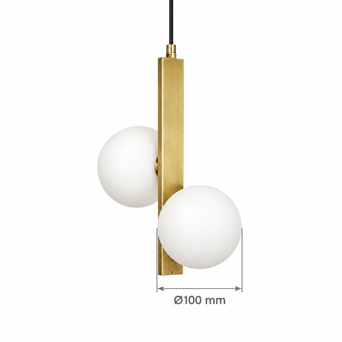 White Glass Twin-Globe Bar Pendant, dimension diagram showing glass component diameter 100 mm