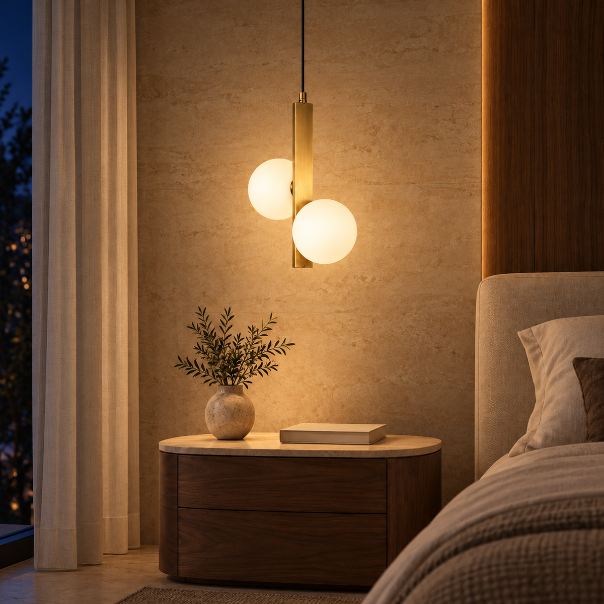 White Glass Twin-Globe Bar Pendant, illuminated in a nighttime interior
