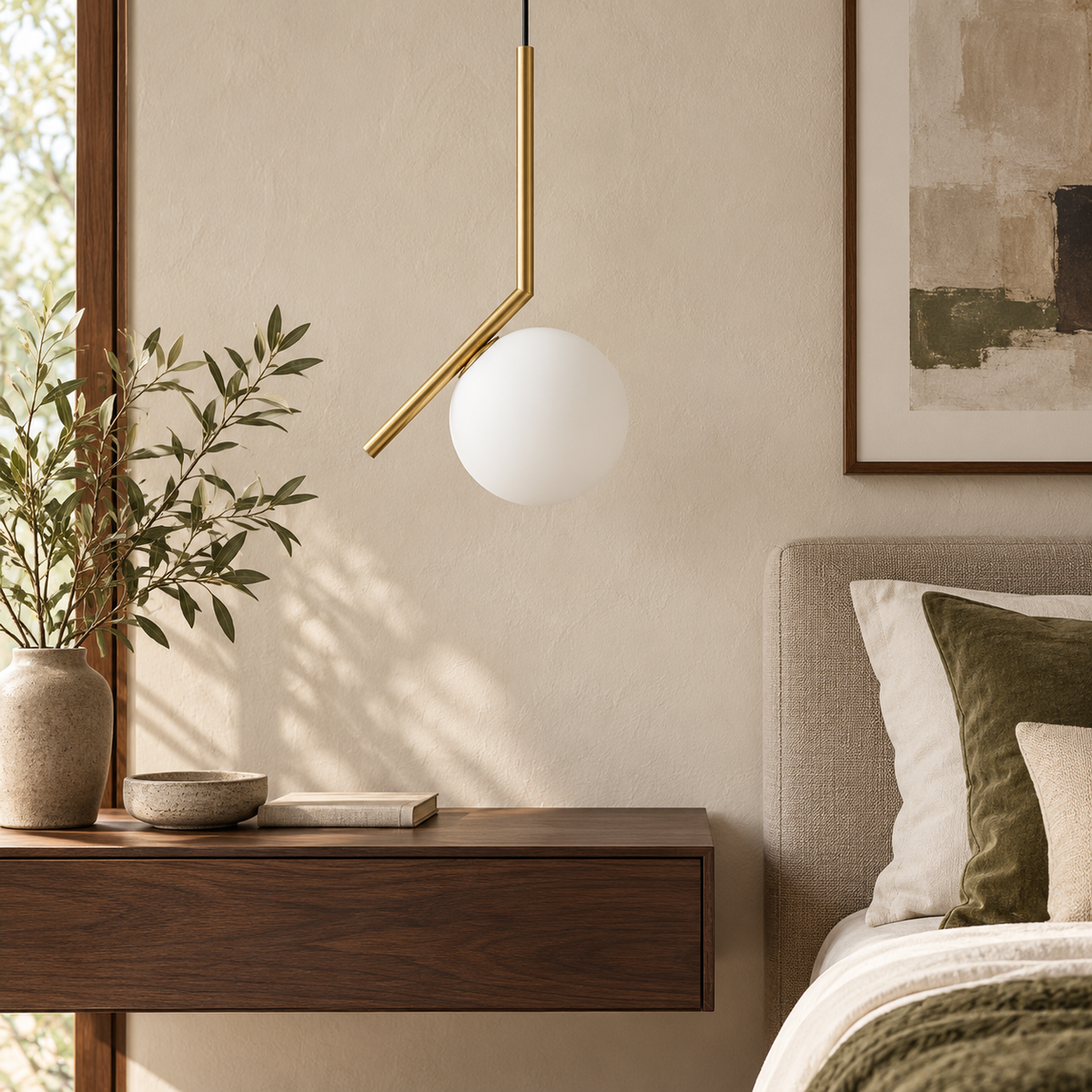 White Globe & Angled Stem Pendant, unlit in a daytime interior
