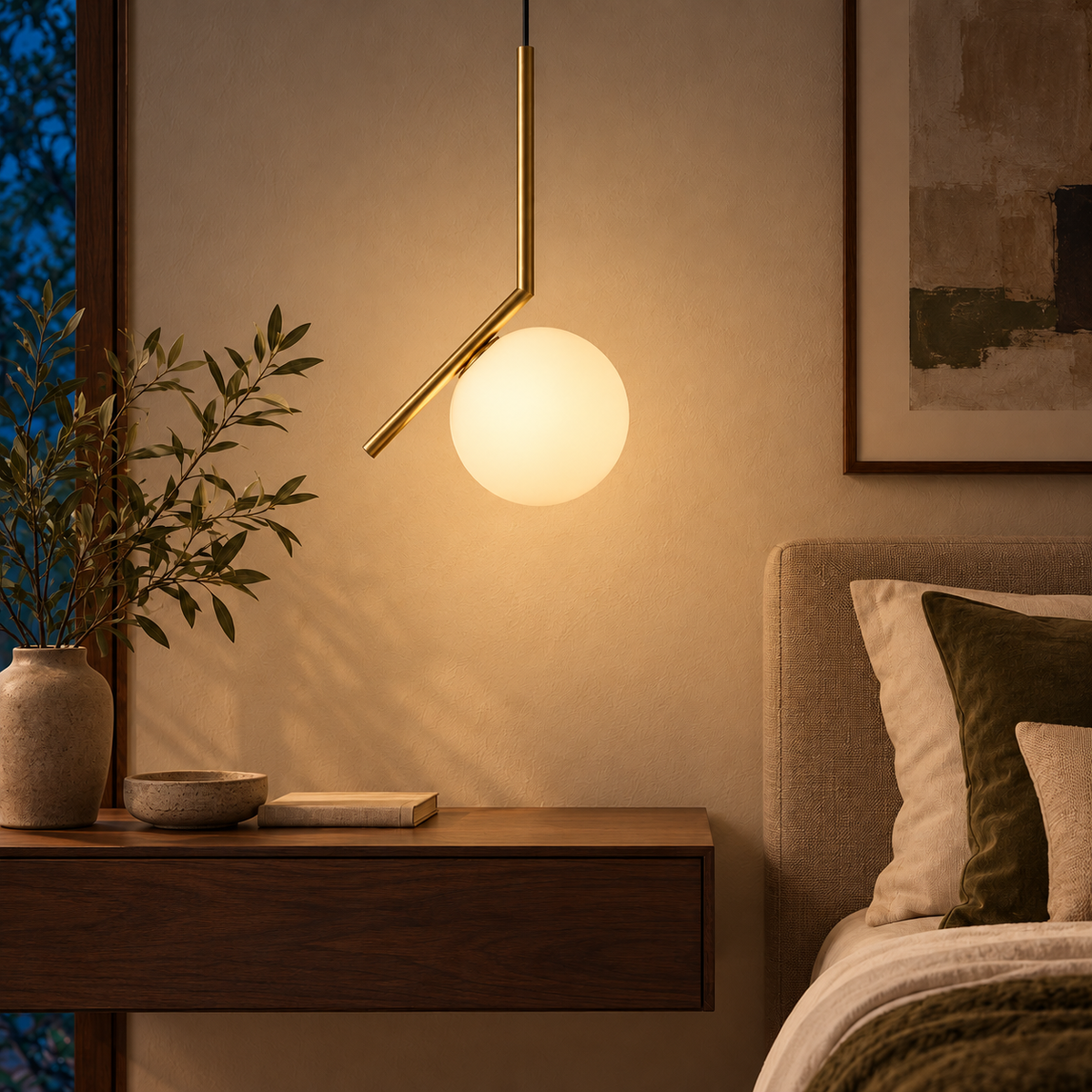 White Globe & Angled Stem Pendant, illuminated in a nighttime interior