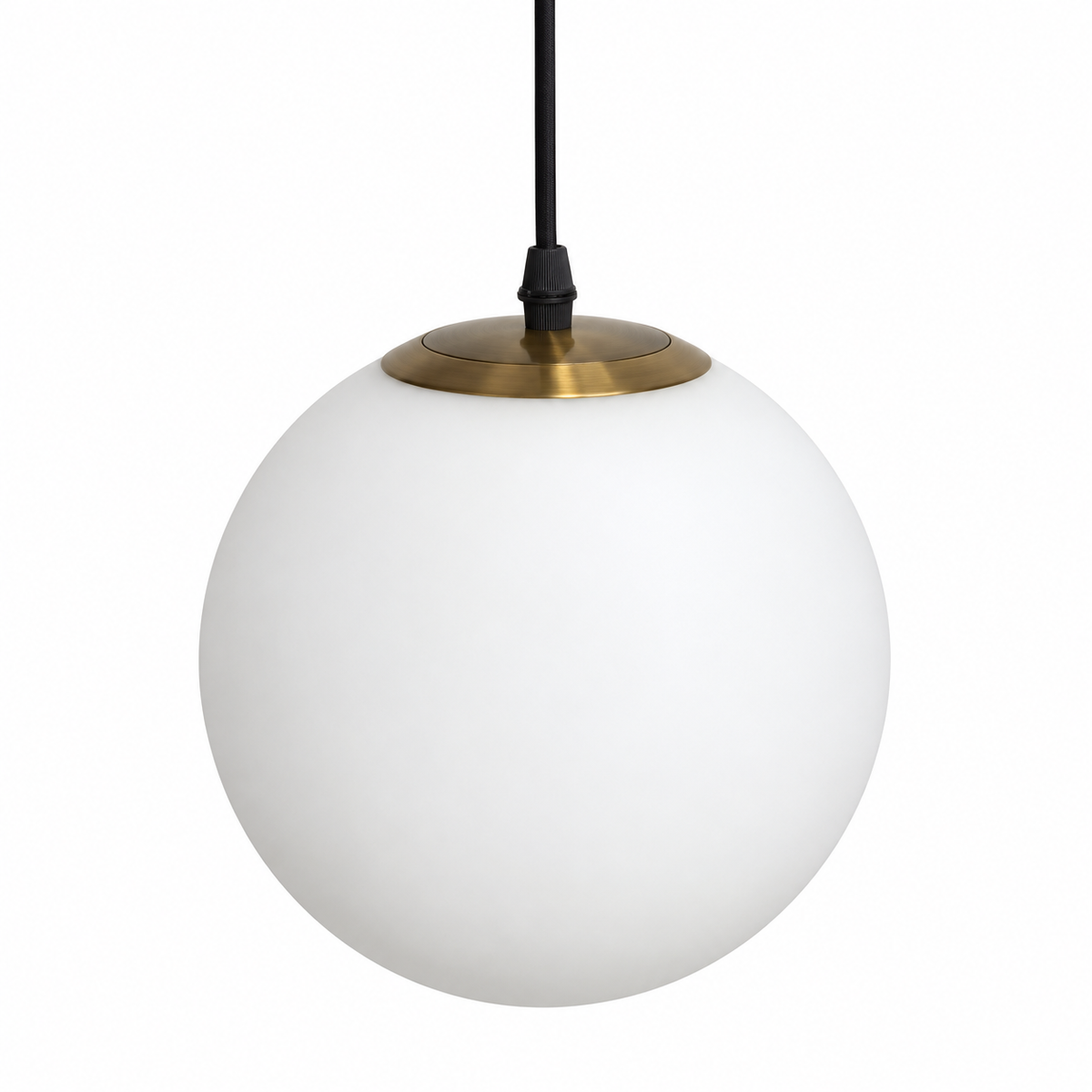 White Globe & Antique Brass-Tone Cap Pendant, unlit studio view