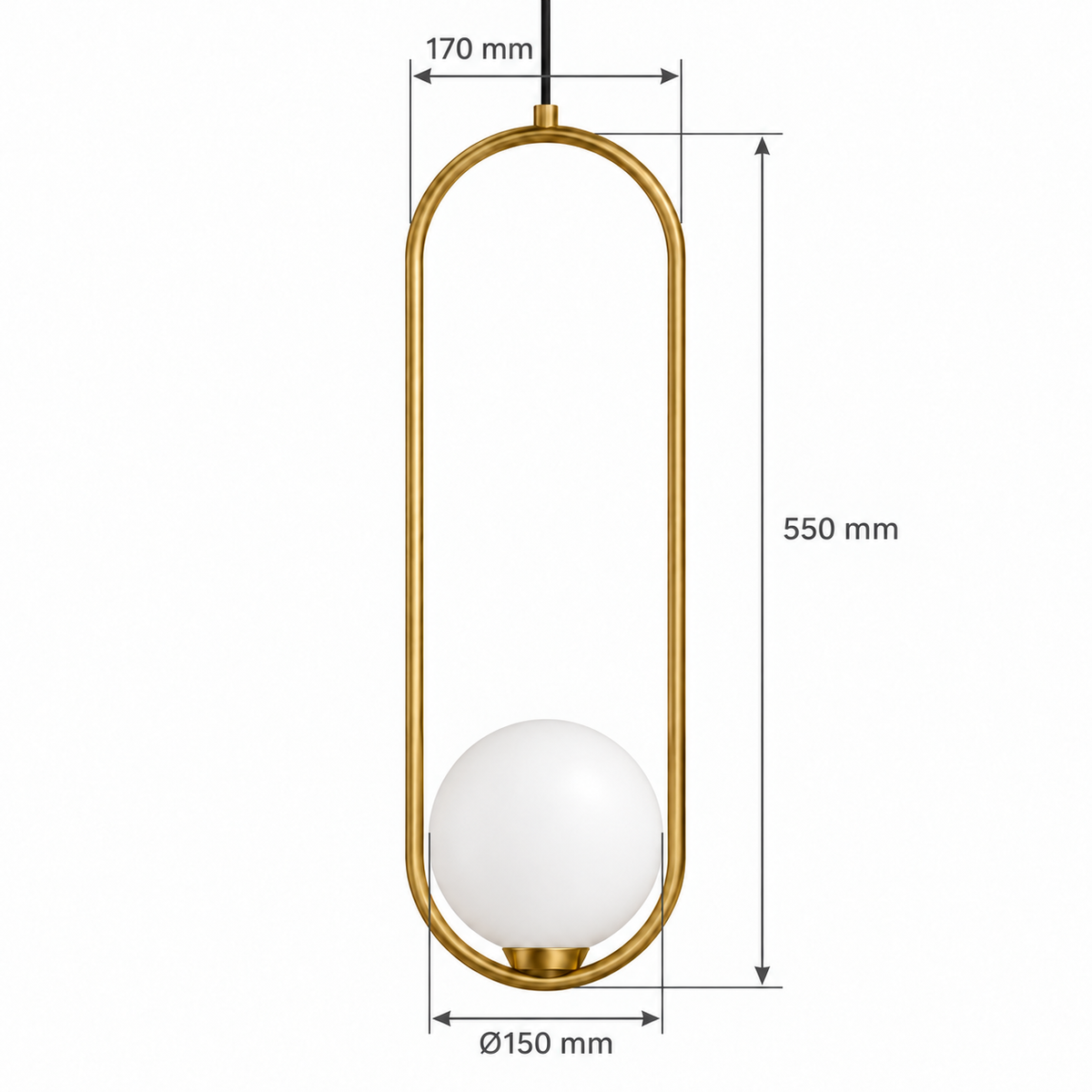 White Globe & Brass-Tone Capsule Pendant, dimension diagram; Frame only: width 170 mm and height 550 mm, excluding suspension and top connector. Globe diameter: 150 mm.