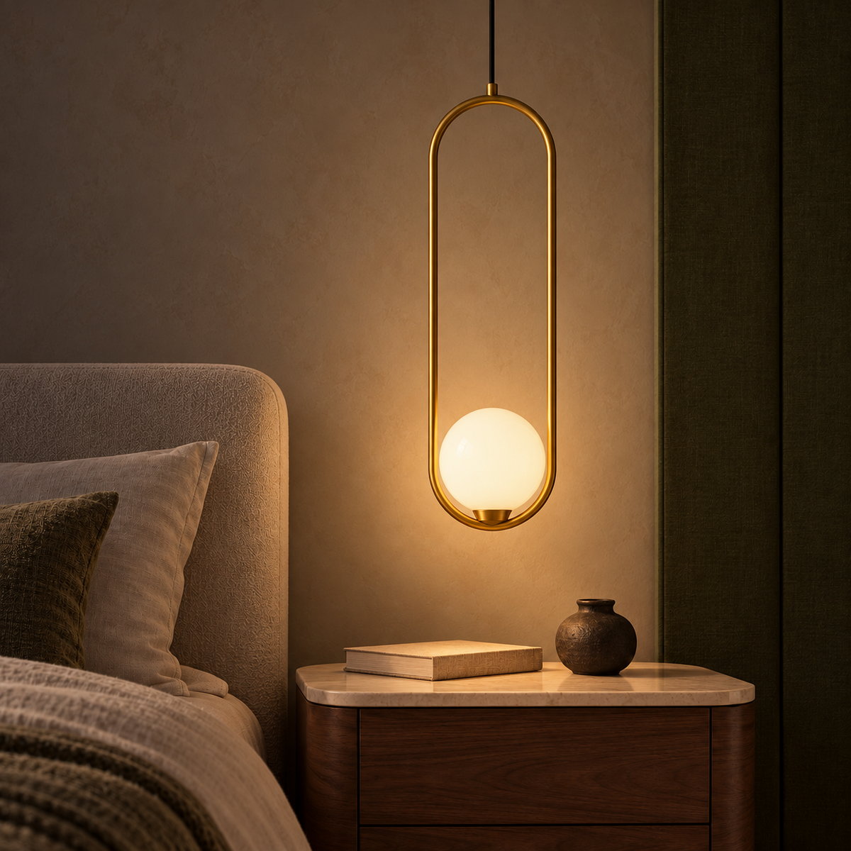 White Globe & Brass-Tone Capsule Pendant, illuminated in a nighttime interior