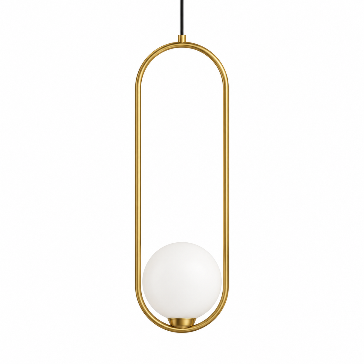 White Globe & Brass-Tone Capsule Pendant, unlit studio view