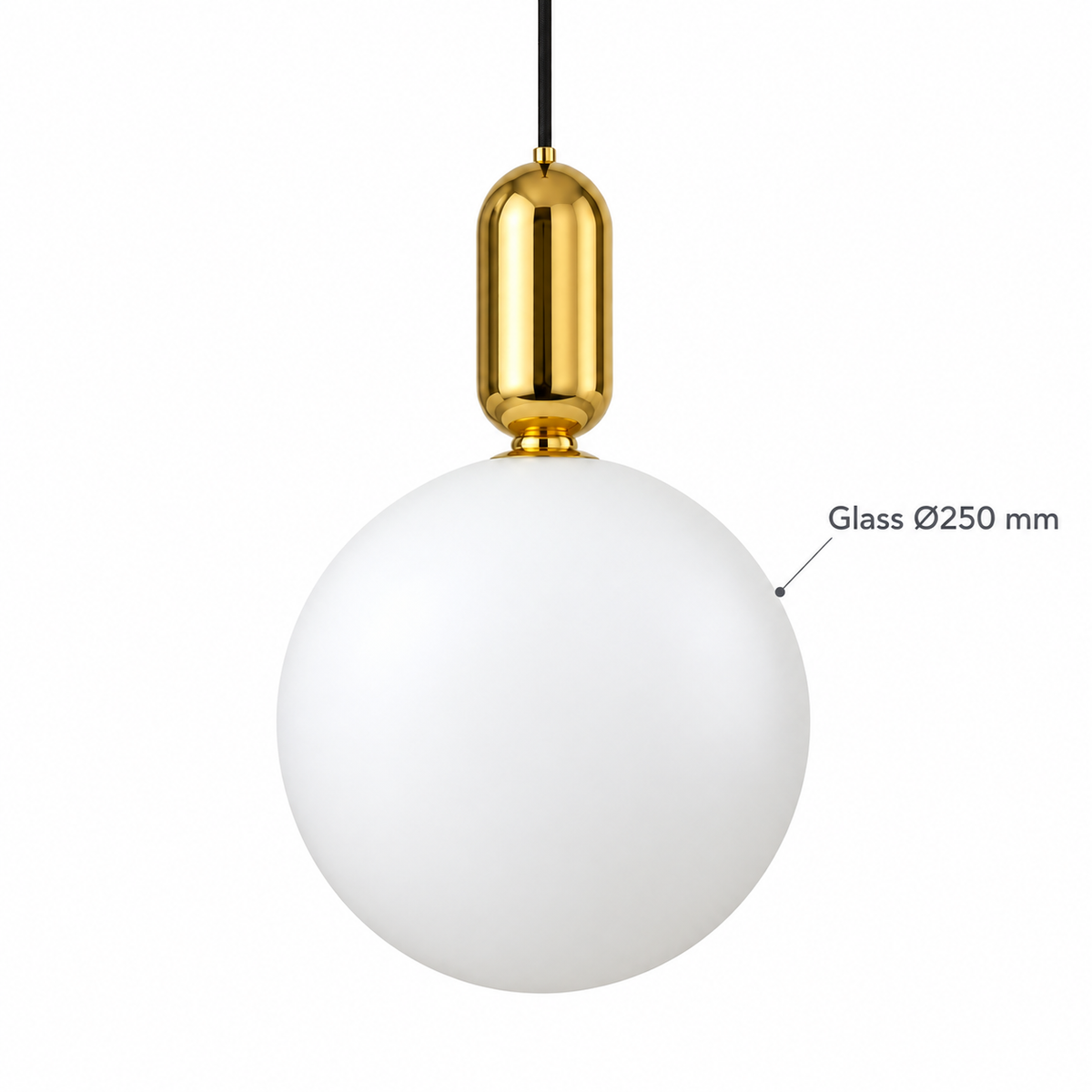 White Globe & Gold Capsule Pendant, dimension diagram; White globe diameter only: 250 mm. Top height, overall height and suspension drop are not specified.