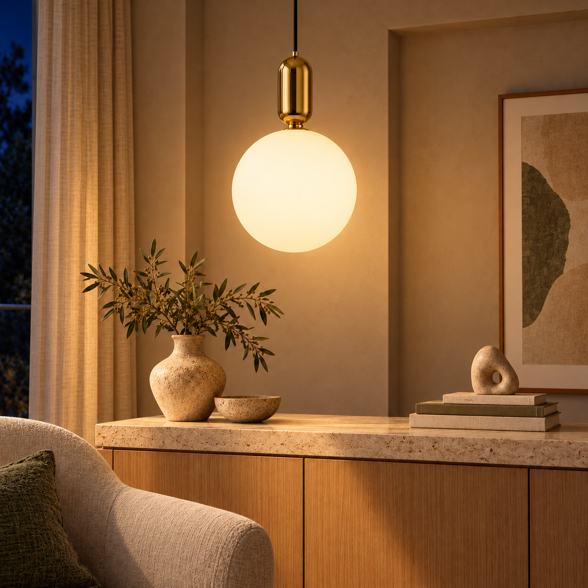 White Globe & Gold Capsule Pendant, illuminated in a nighttime interior
