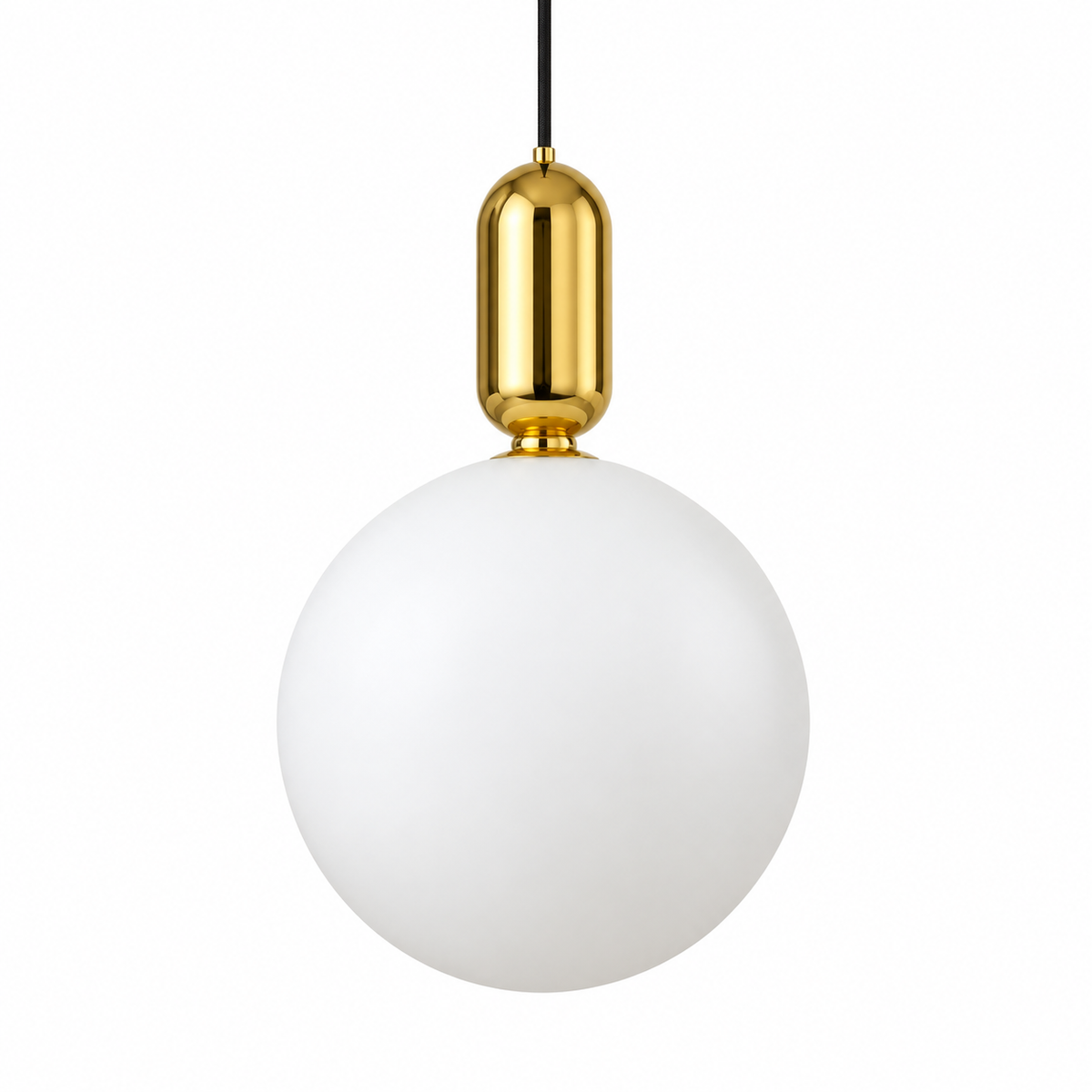White Globe & Gold Capsule Pendant, unlit studio view