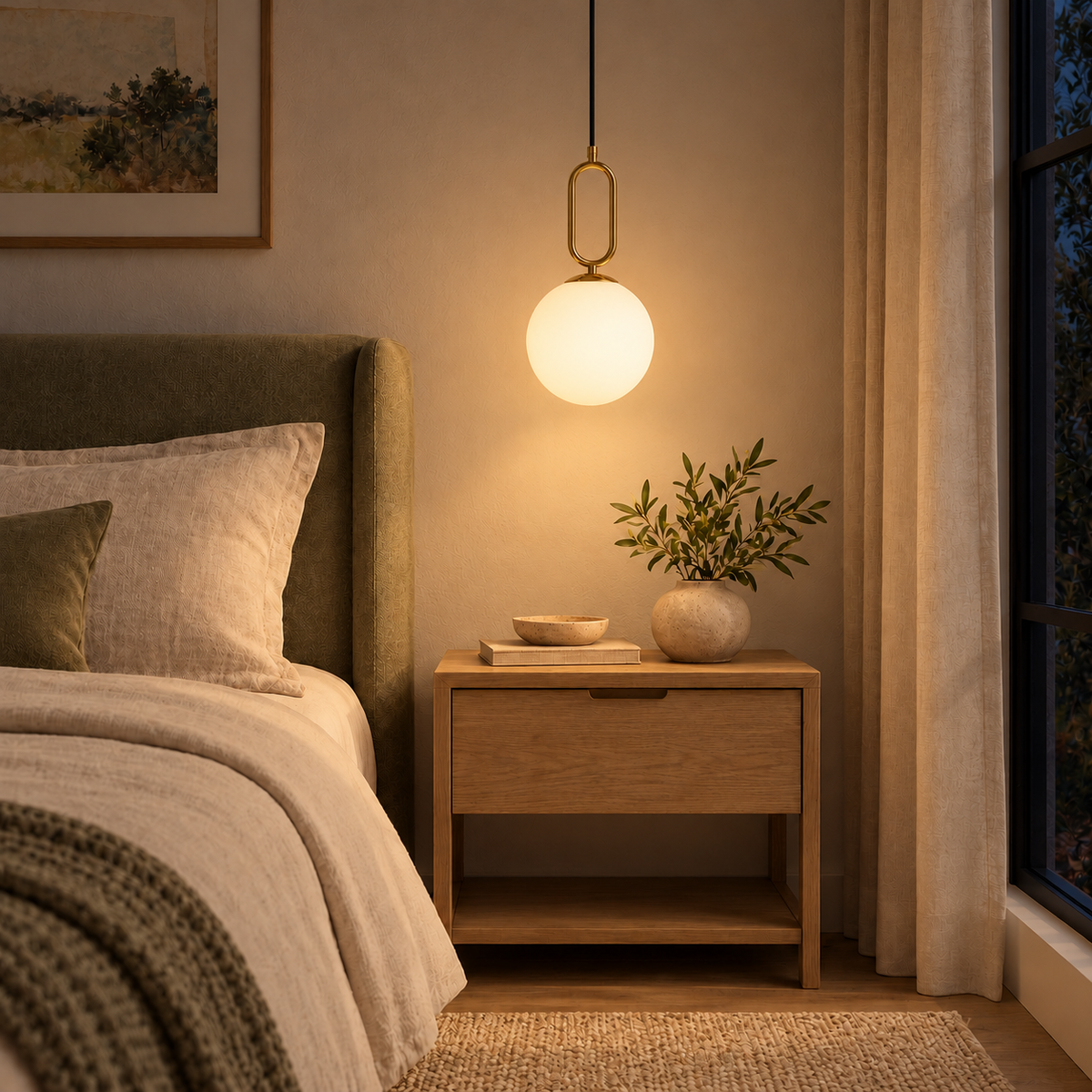 White Globe & Gold Loop Pendant, illuminated in a nighttime interior