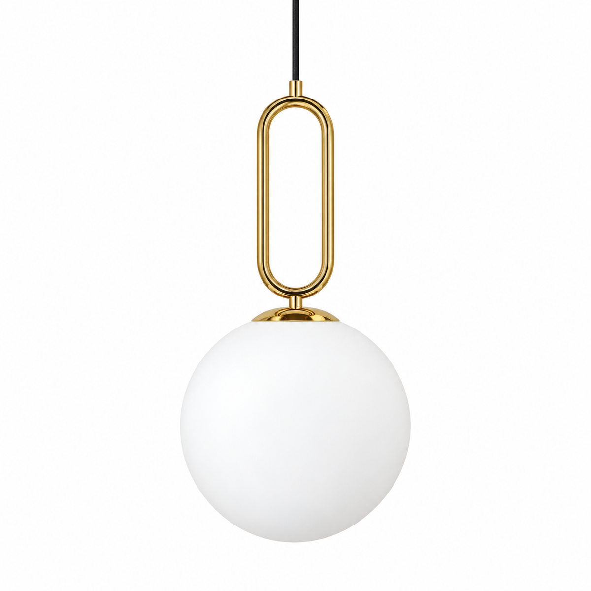 White Globe & Gold Loop Pendant, unlit studio view