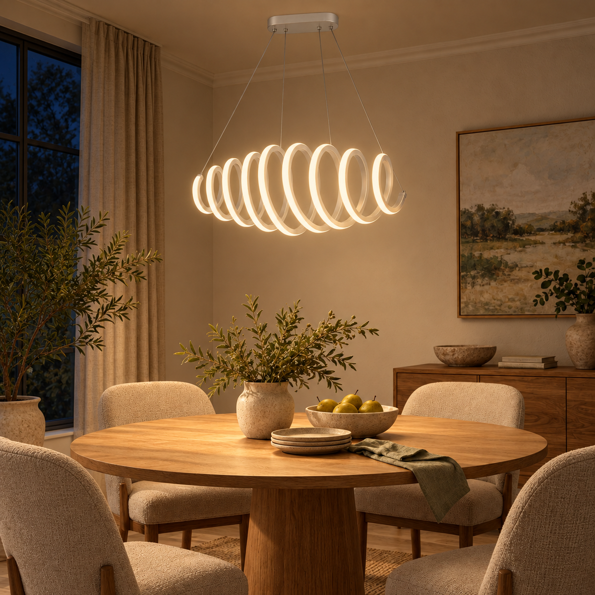 White Helix Ribbon Pendant, illuminated in a nighttime interior