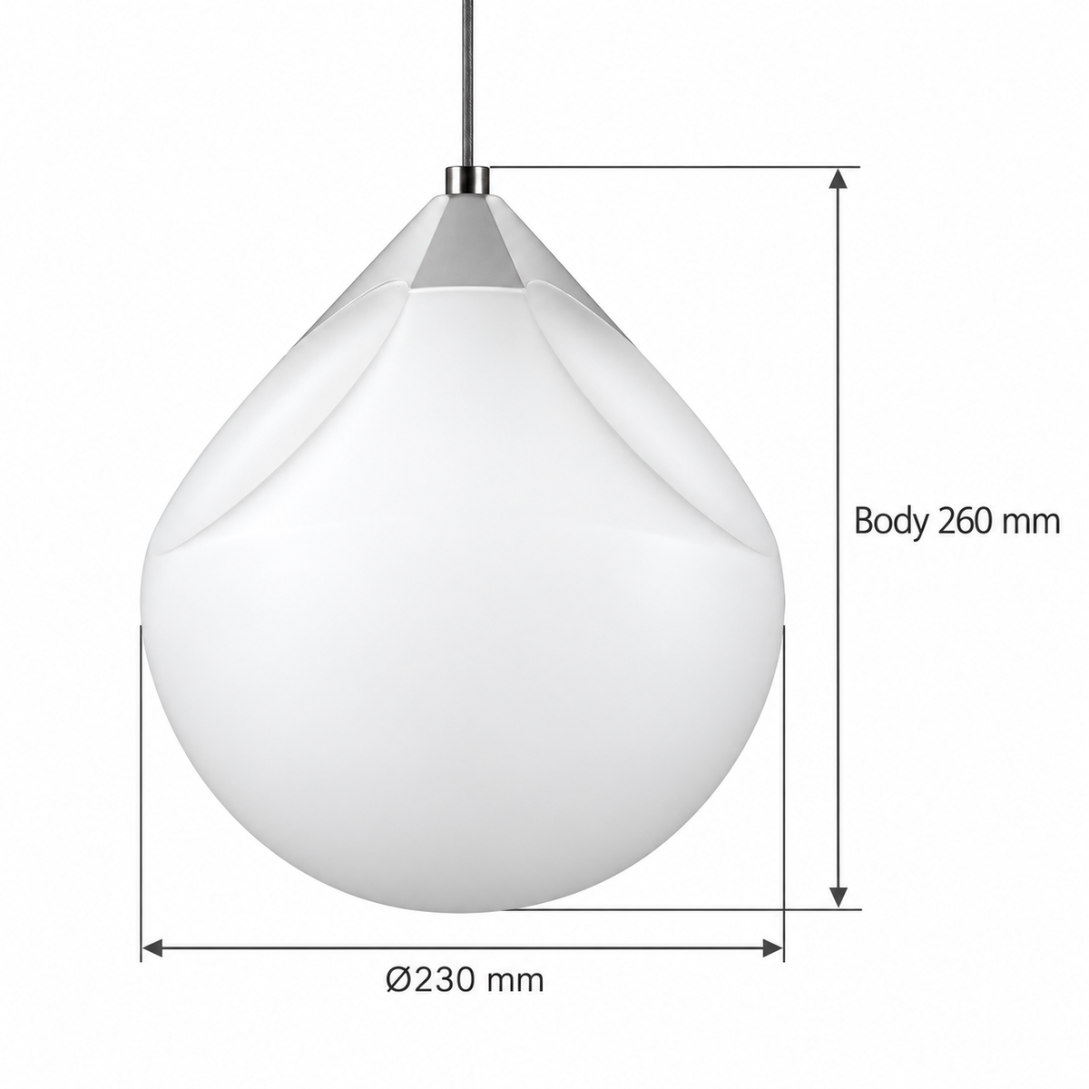 White Sculpted Teardrop Pendant, dimension diagram; Rigid body only: width 230 mm and height 260 mm. Cable and suspension drop are excluded.