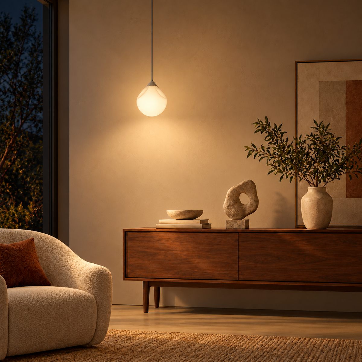 White Sculpted Teardrop Pendant, illuminated in a nighttime interior