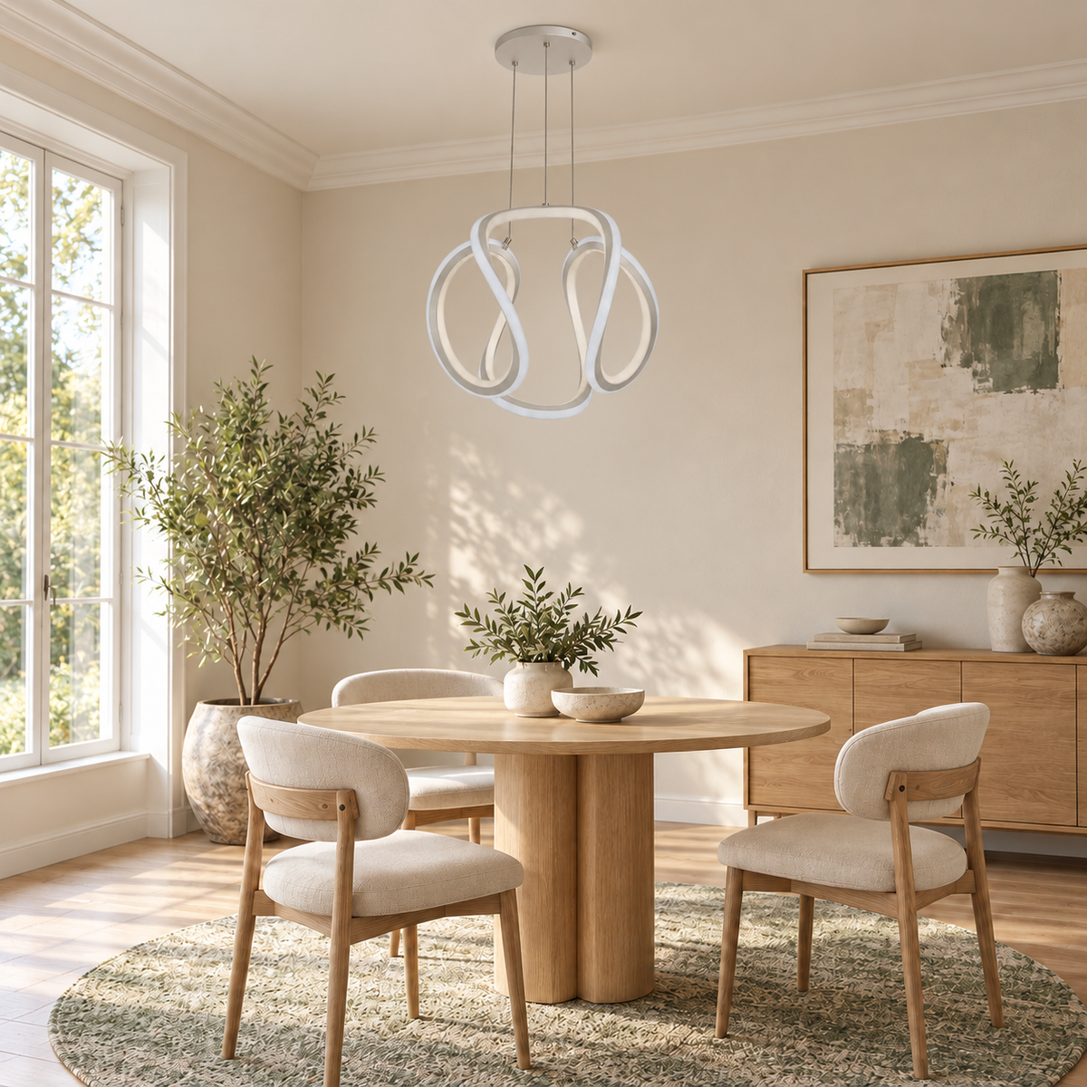 White Sculptural Loop Pendant, unlit in a daytime interior