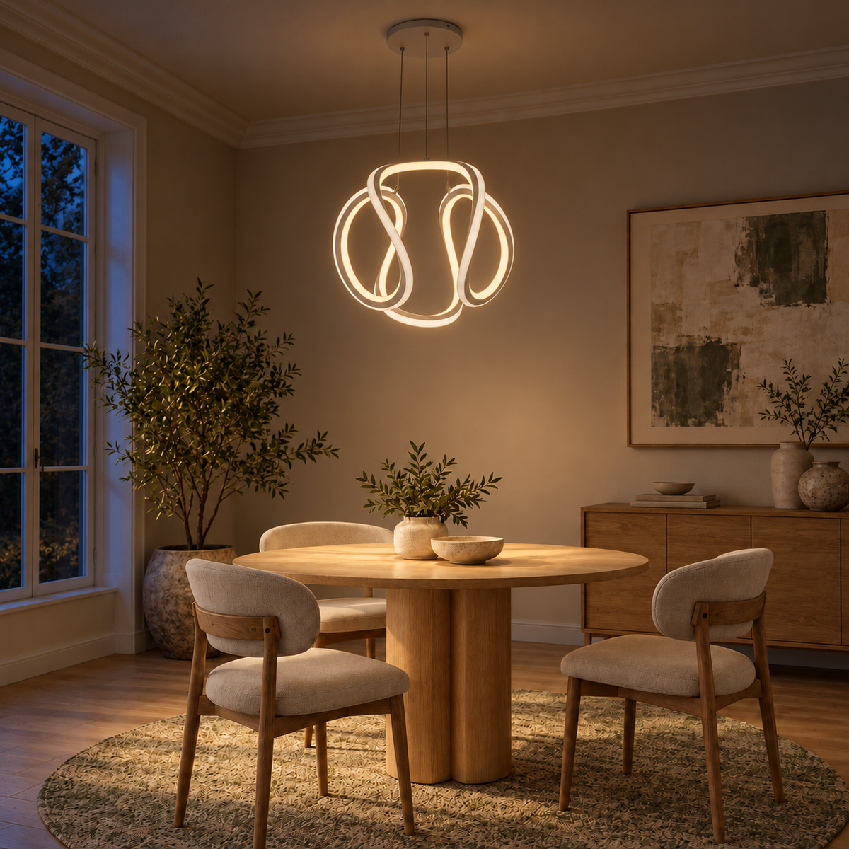 White Sculptural Loop Pendant, illuminated in a nighttime interior