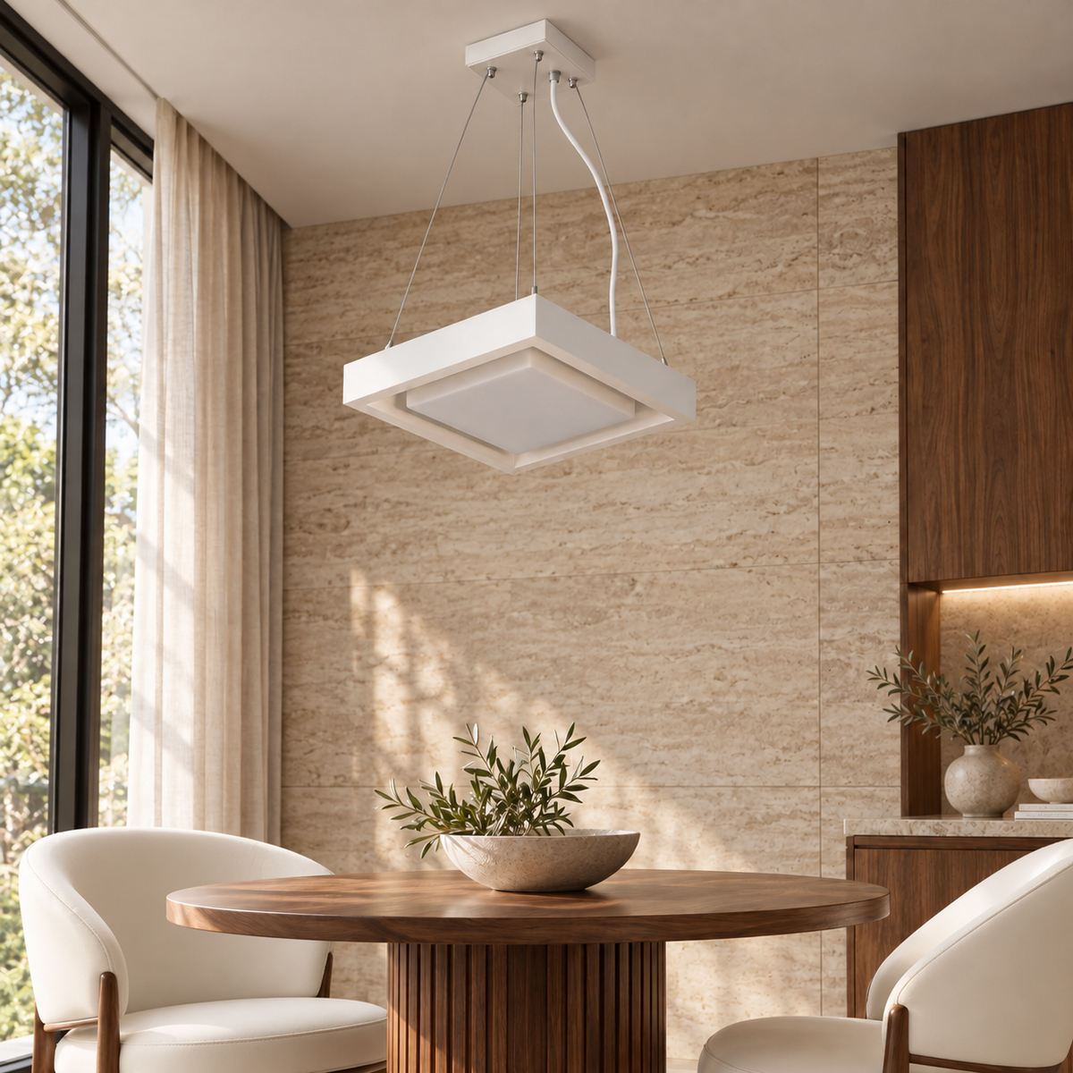 White Square Diffuser Pendant, unlit in a daytime interior