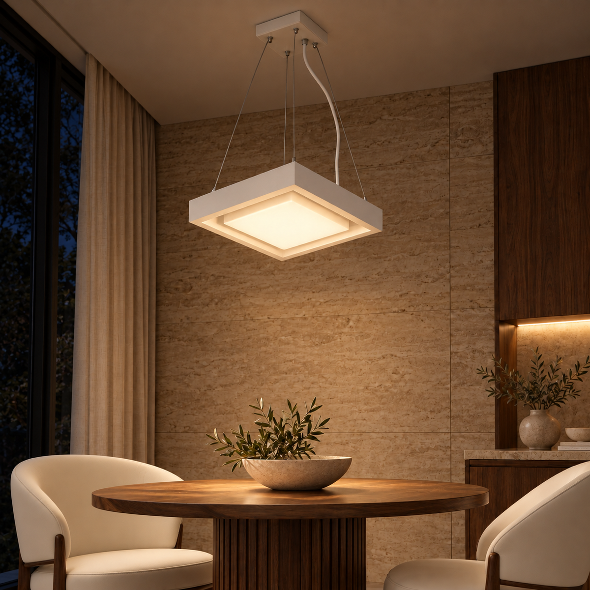 White Square Diffuser Pendant, illuminated in a nighttime interior