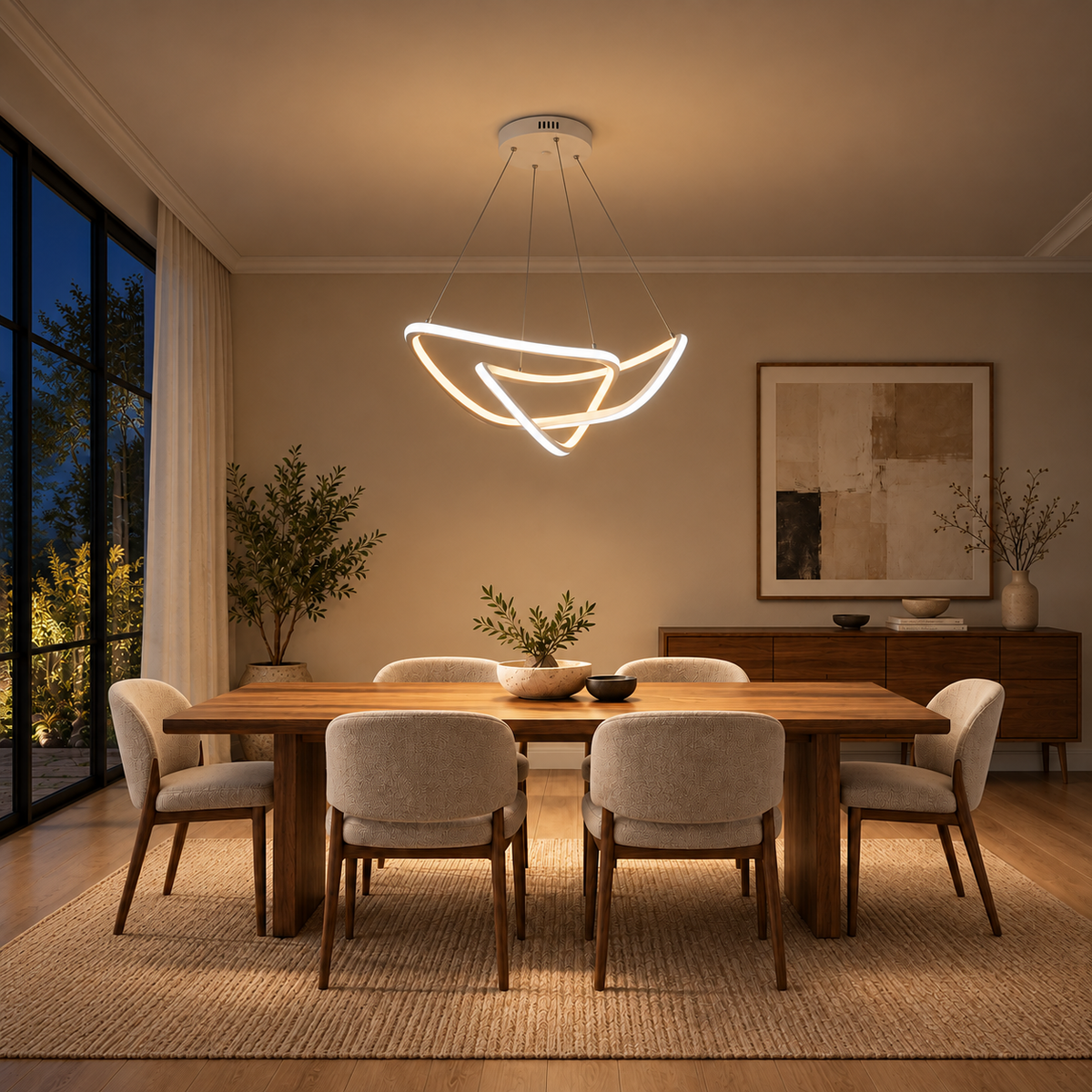 White Sweeping Ribbon Pendant, illuminated in a nighttime interior