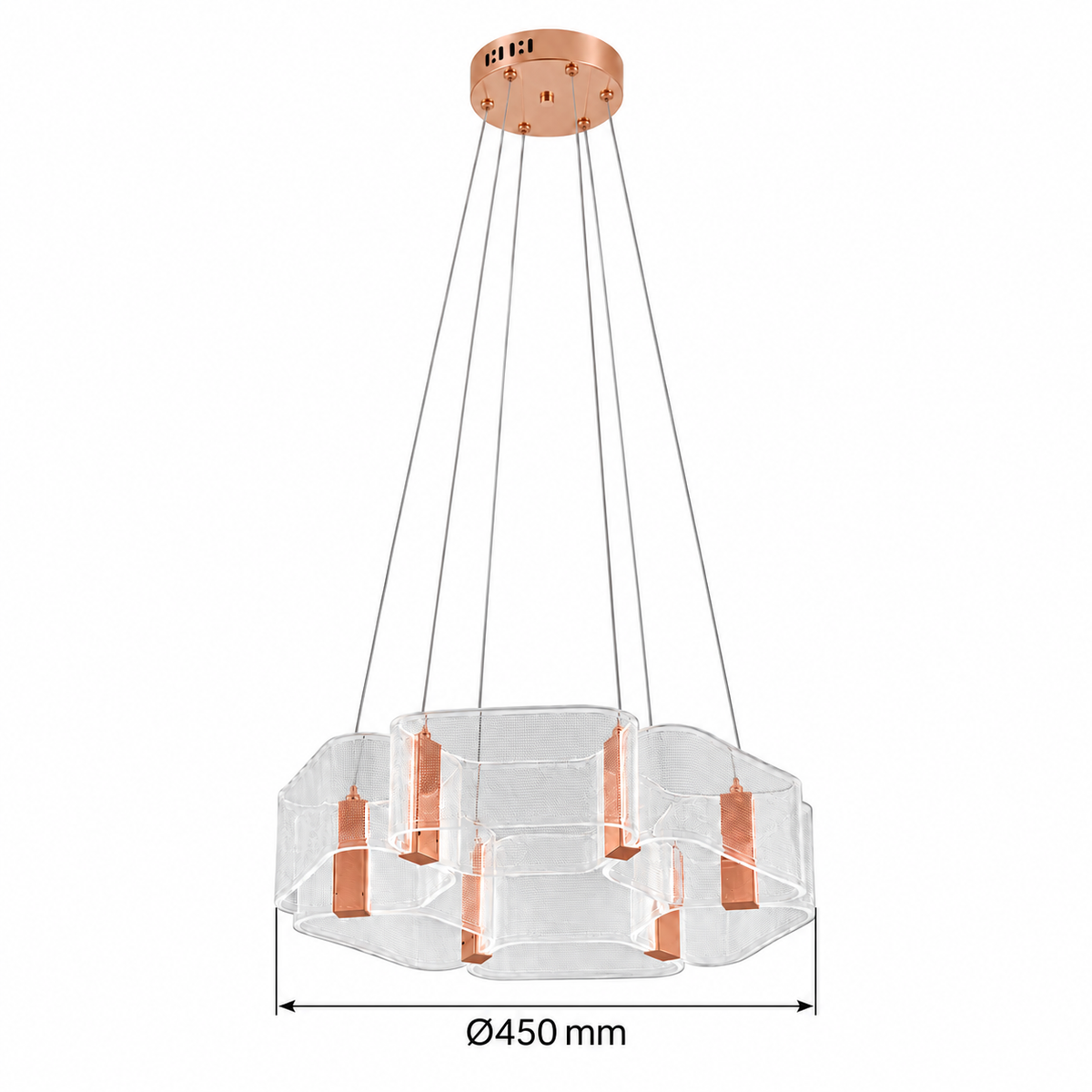 Rose-gold-tone acrylic cluster chandelier YL7572--6D-120W-3C, confirmed body diameter 450 mm