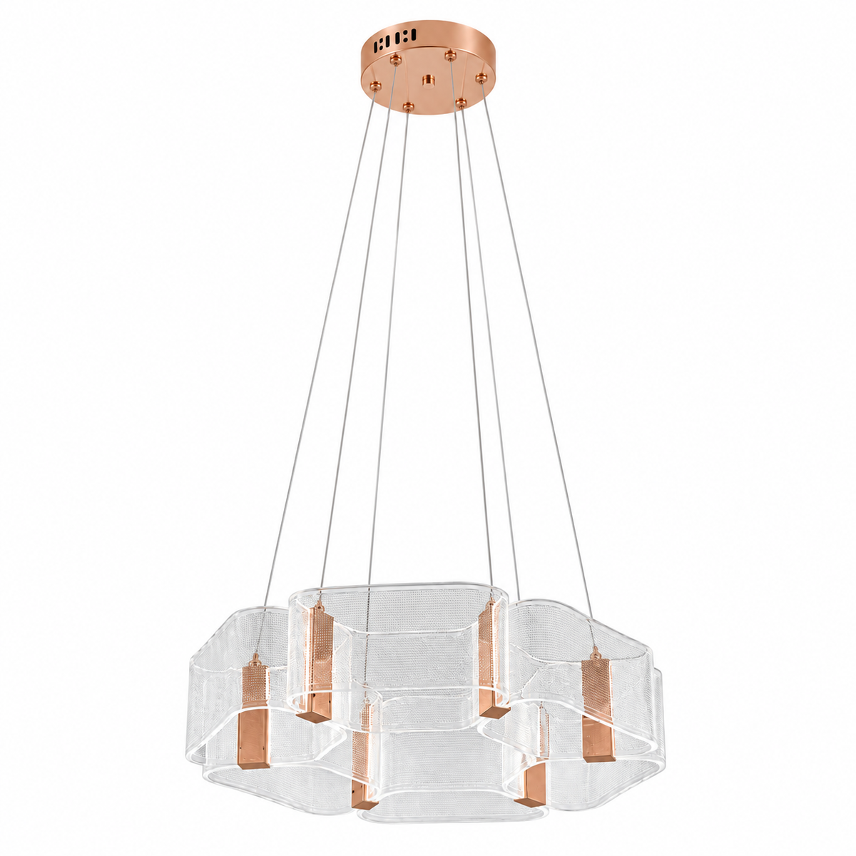 Rose-gold-tone acrylic cluster chandelier YL7572--6D-120W-3C, studio view on white