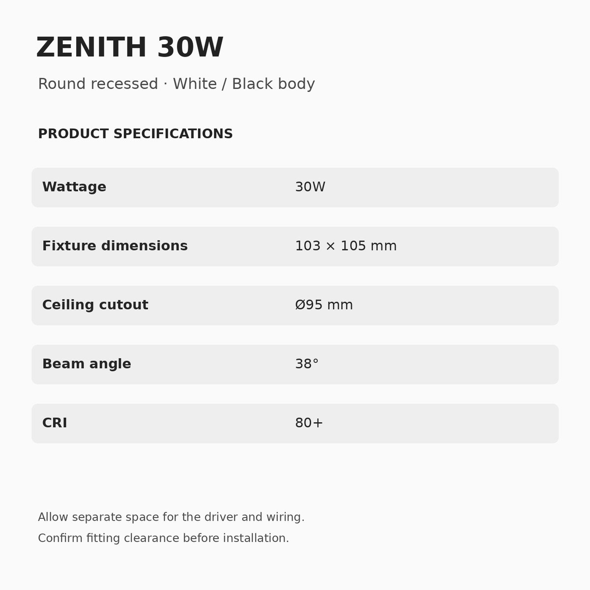 ZENITH 30W specifications: 103 × 105 mm fixture dimensions, Ø95 mm ceiling cutout, 38° beam and CRI 80+.