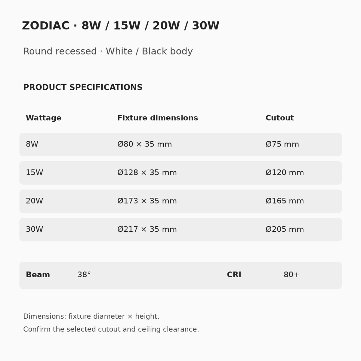 ZODIAC 8WØ80×35mm/cut75mm;15WØ128×35mm/cut120mm;20WØ173×35mm/cut165mm;30WØ217×35mm/cut205mm.38°beam,CRI80+.